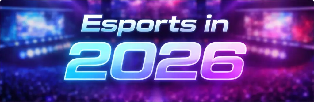 Banner met „Esports in 2026“, met neonverlichting en een publiek in de arena, die de toekomst van competitief gamen en grootschalige digitale toernooien laat zien