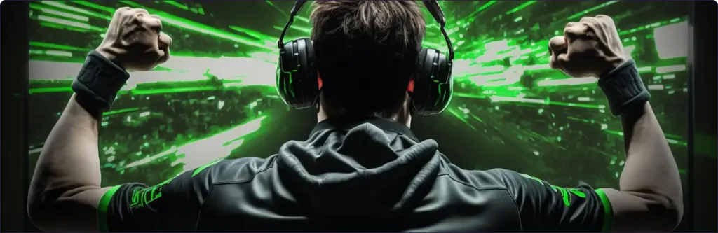 Een gamer viert zijn overwinning met opgeheven vuisten en een headset, omringd door groene digitale lichteffecten die het succes in competitief gamen symboliseren