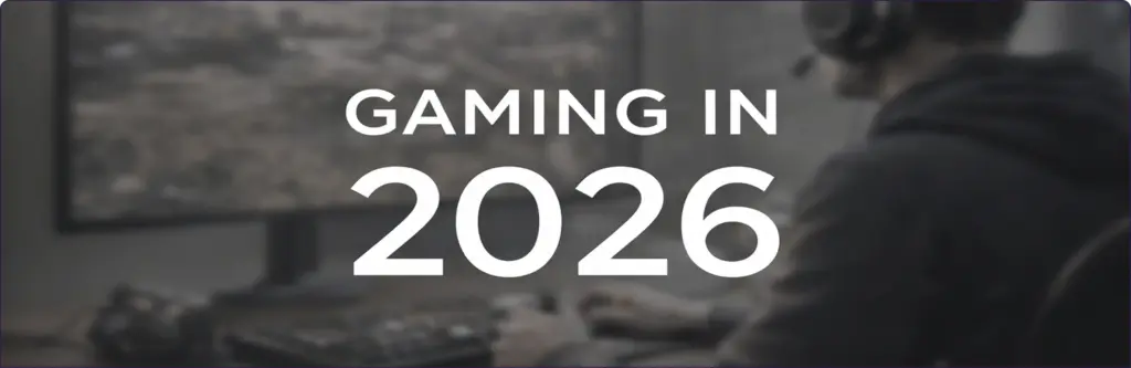 Concept voor gaming in 2026, met een speler achter een moderne pc-opstelling, een groot scherm en een futuristische sfeer die de trends in de volgende generatie gaming weergeeft